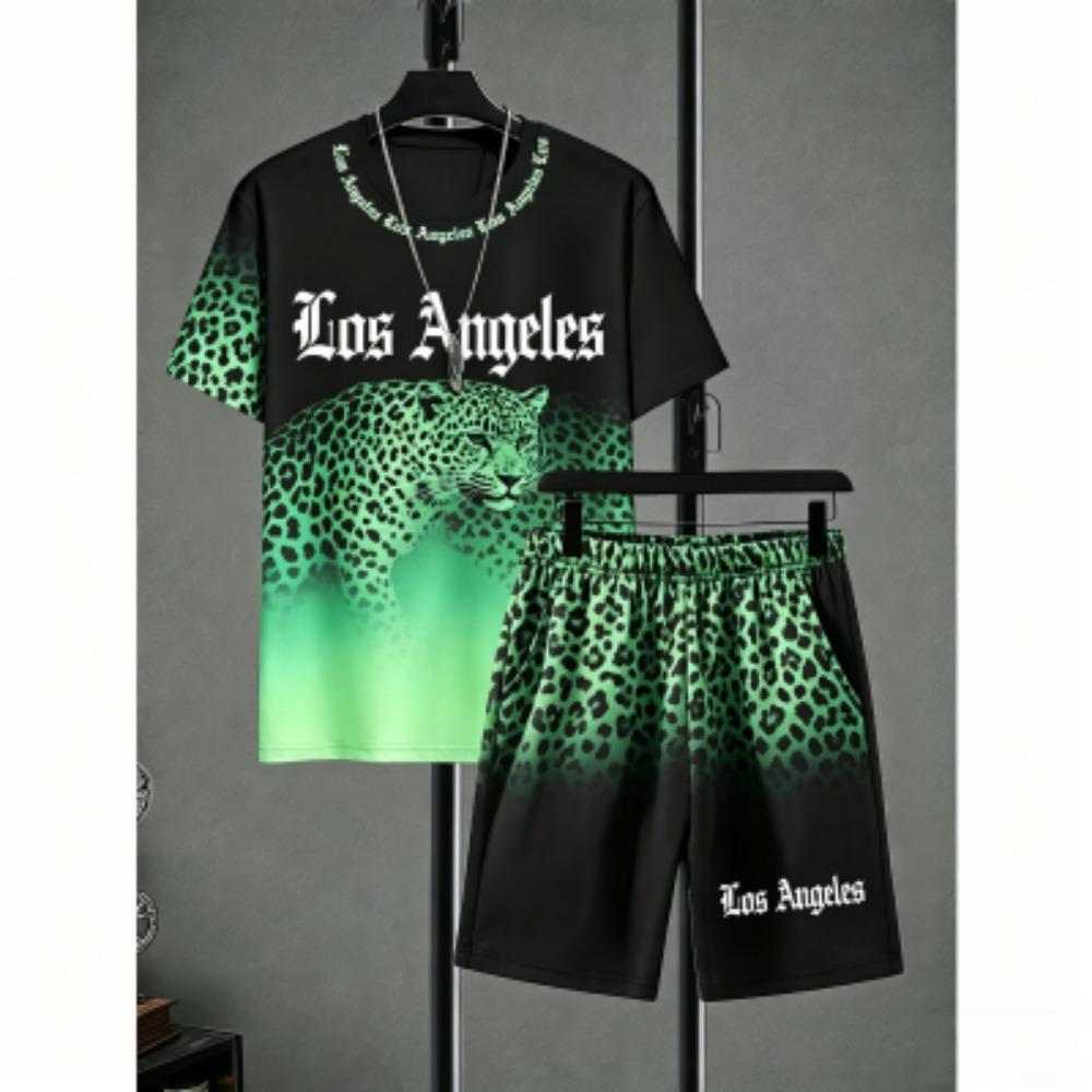 Men's Set Letter Leopard Colorful Printed Men's T-shirt and Shorts 2 Piece Set Summer Casual Outdoor Plus Size Men's and Women's T-shirt Sets