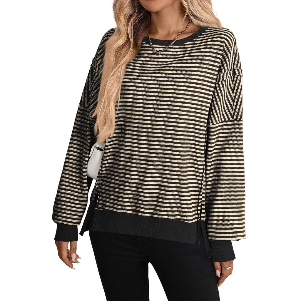 Women's Long Sleeve Striped Neck Sweatshirt, Casual Loose Fit Pullover