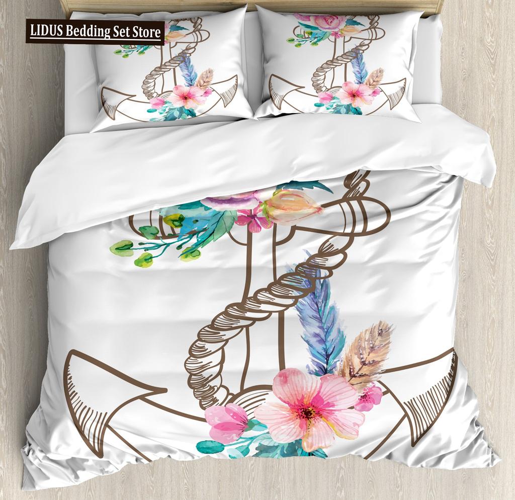 Maritimes Bettwäsche-Set mit Ozean-Anker-Dekor, Bettbezug, Seemann, Piratenkapitän, Meeresabenteuer, Tagesdecke für Kinder und Jungen, Marineblau