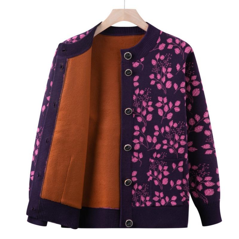 Elderly Grandmother Autumn and Winter Sweater Jacket Mother Fleece Thickened Warm Clothes Knitted Cardigan Elderly Lady Clothes