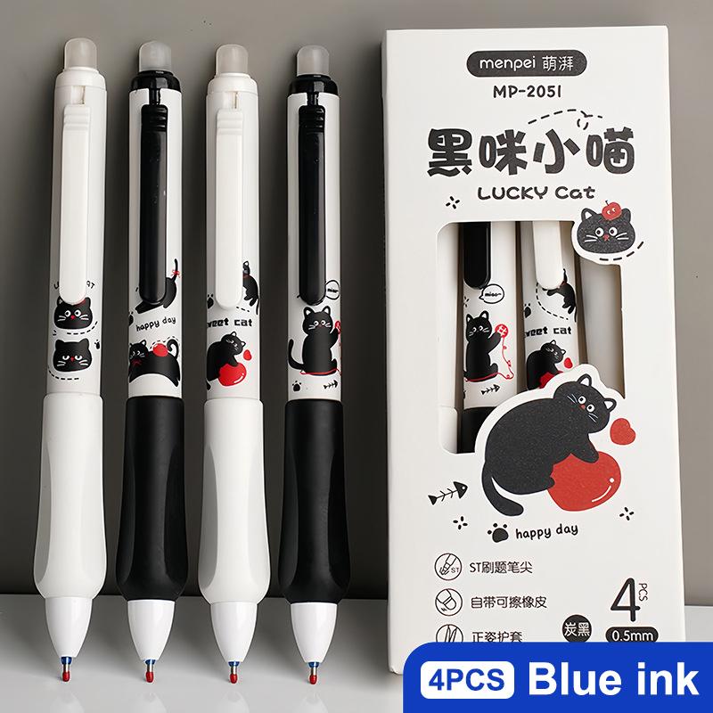 4Pcs Push-Button Erasable Pen With Black Kitten Design High-Quality 0.5Mm Thickness Suitable For Elementary School Students
