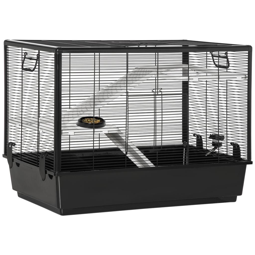 Guinea Pig Cage with Handle, Water Tank, Ramp and Tray, 80x48x58cm, Black