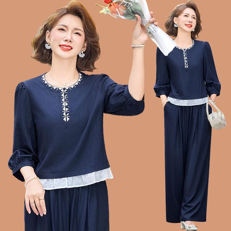 

Mom s Spring/Summer Fashionable Casual Outfit: Seven-Sleeve Top & Wide-Leg Pants Set for Middle-Aged & Elderly Women 3XL (60-67.5 kg)