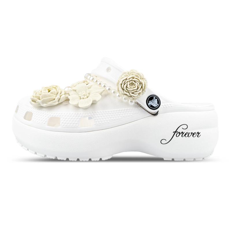 Crocs Classic Platform Clog EVA ZR Zhiran Immortal Bone Flower Pearl French Hand-Painted Versatile Hole Shoes Unisex White