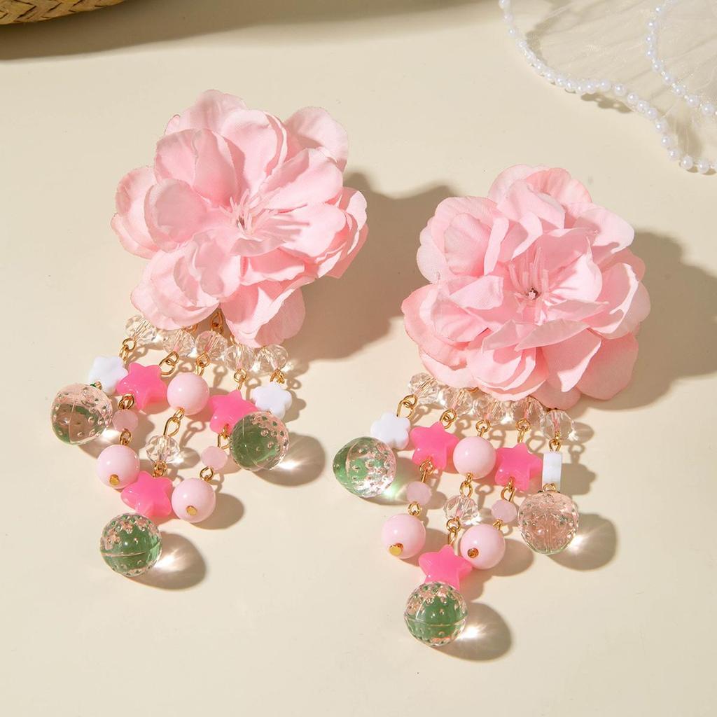 New Fresh Fabric Colored Large Flower Earrings for Women Jewelry Sweet Rice Beads Long Tassels Leaf Earrings Female Earrings