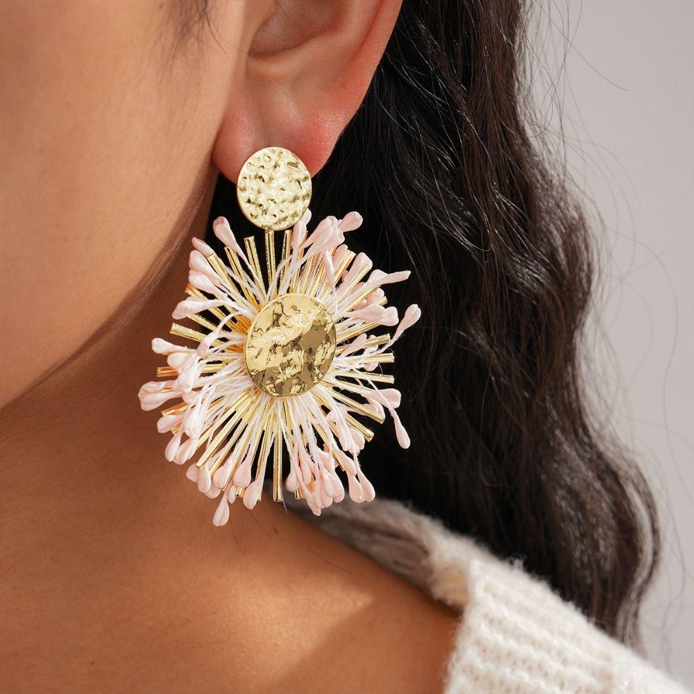 Round Shape Dangle Earrings Floral Design Drop Earrings Raffia Earrings  Photo Shoot