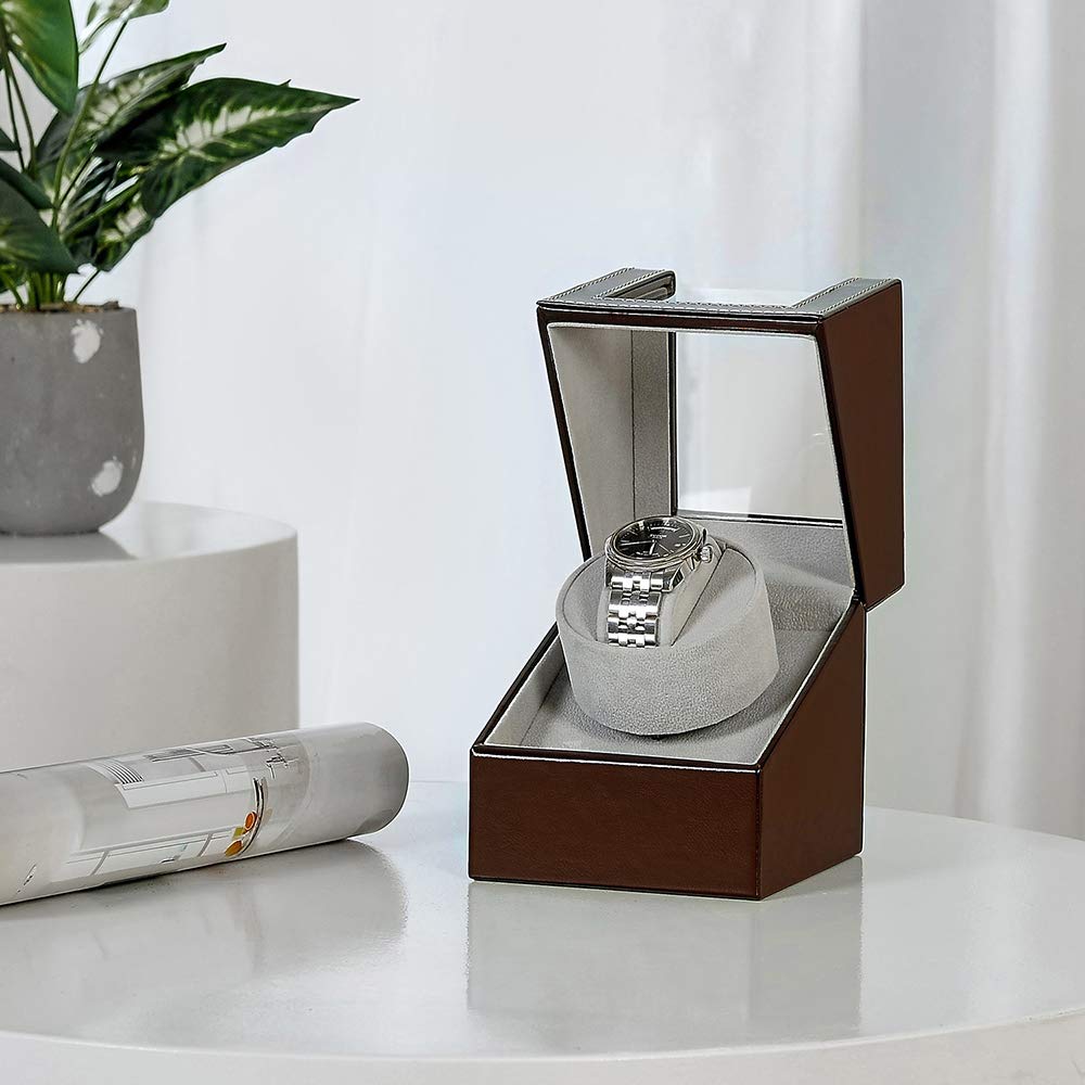 Automatic Watch Made in Mabuchi Motor Single Watch Winder with Storage Case Winder, Japan, Winder, (Brown Leather, 125C)