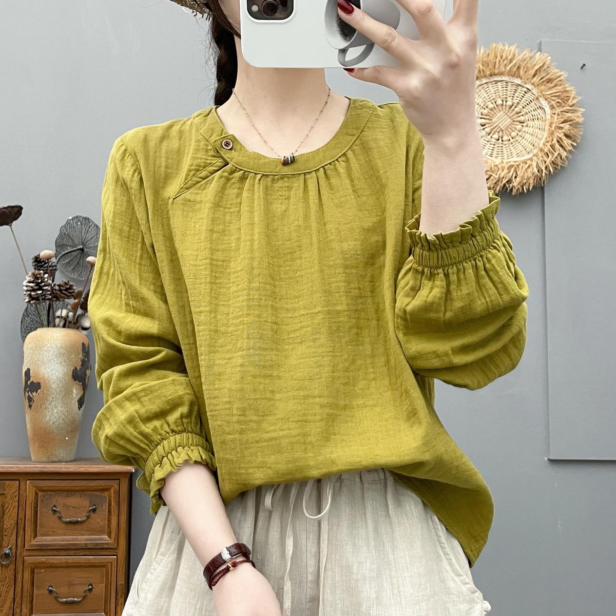 

New Spring Casual Slimming Women s Double Layer Cotton Gauze Long Sleeve Pullover Top Medium зелений/лимон