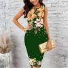 Women Plus Size Crew Neck Sleeveless Midi Dress Cyan Background Sunflower Allover Print Bodycon Dress
