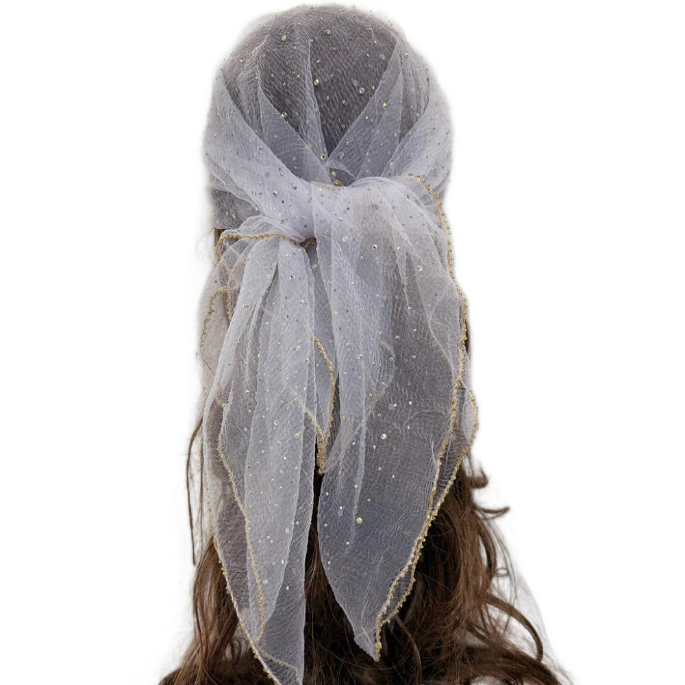 Thin Hotfix Rhinestone Square Scarf Sparkle Glitter Veil Turban Mesh Bandana Women Fashion