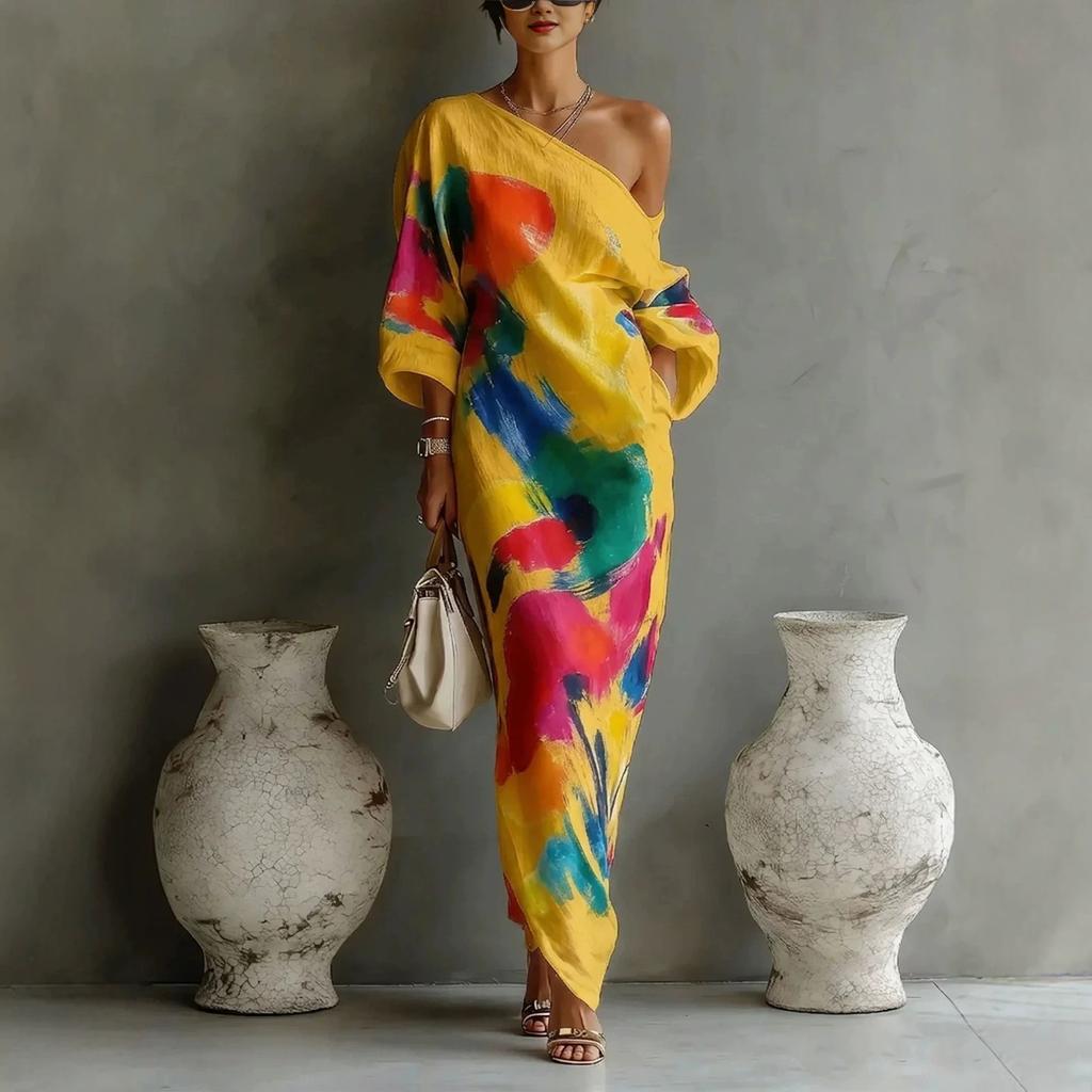 Women's One Shoulder Midi Dress Color Block Graffiti Print Three Quarter Sleeve Casual Street Style Long Dress