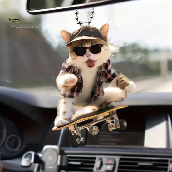 Adorable Cat Hanging Ornament Car Rearview Mirror Pendant with Lanyard Easy To Hang Animal Cat-Shaped Xmas Tree Pendant