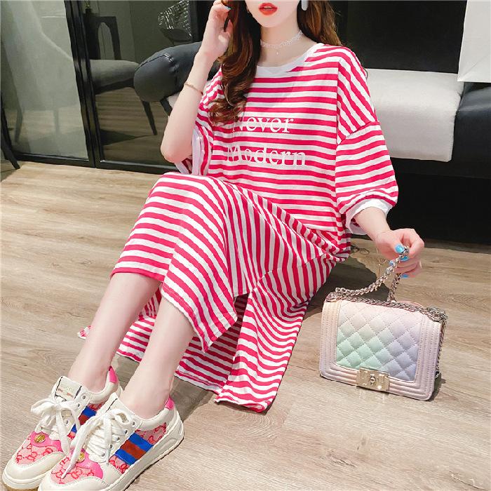 

YYFS Женская мода Лето Весна Полосатый принт Рукава 1/2 Круглый вырез Свободная талия Повседневные платья XXL красный