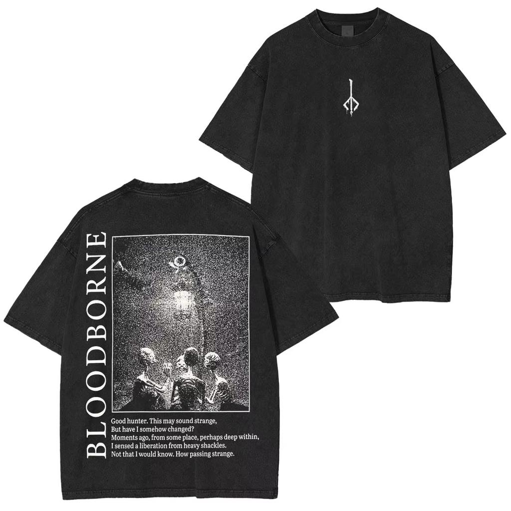 Bloodborne Ludwig Der Verfluchte Heilige Klinge Grim T-Shirt Jäger und Lampe Boten Oversize Gewaschen Sommer Lässig Streetwear Kurzarm T-Shirts Oberteile
