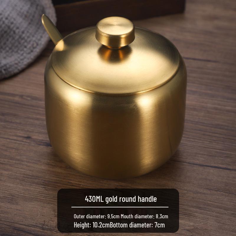 Gold Korean Style 304 Stainless Steel Seasoning Jar with Spoon - Perfect for Chili Sauce, Soy Sauce, or Salt.
