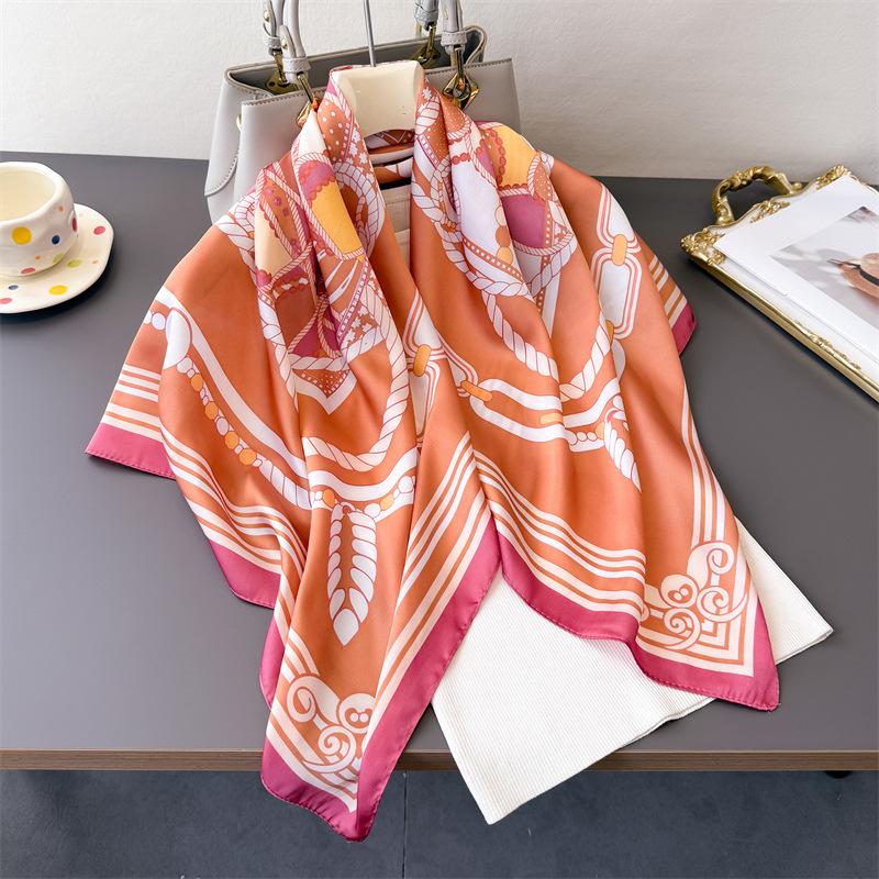 Light luxury chain simulation silk high-end large square scarf silk scarf printed shawl decorative scarf sunscreen headscarf women's scarf