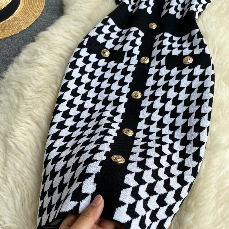 Herfst Lente Sexy Vrouwen Enkele Knop Mouwloos Gebreide Jurk Vestidos Halter Houndstooth Breisel Mini Jurk
