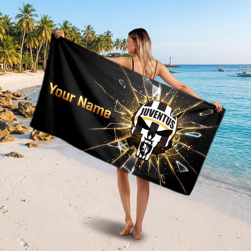 Asciugamano da Spiaggia Personalizzato Juventus FC, Stampa Testo Nome Personalizzato, Asciugamano Morbido Asciugatura Rapida con Logo Calcio, Regalo per le Vacanze