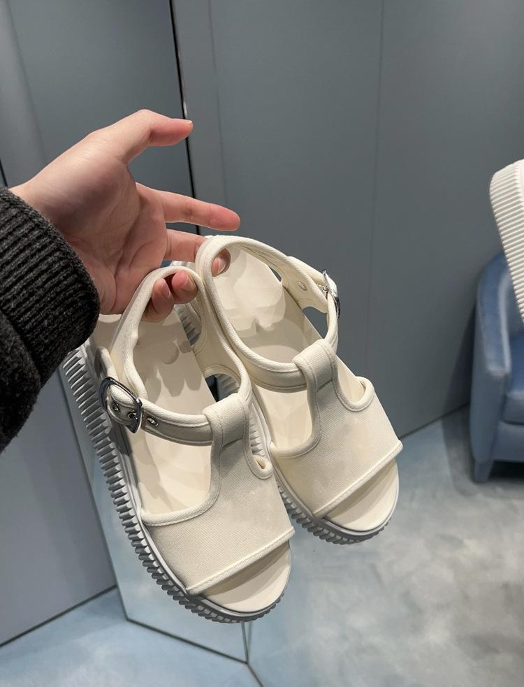 Seconds To Become Bigger Long Legs New Biscuits Canvas Sandals Platform One Word with Beach Shoes Miu Versatile Sandals