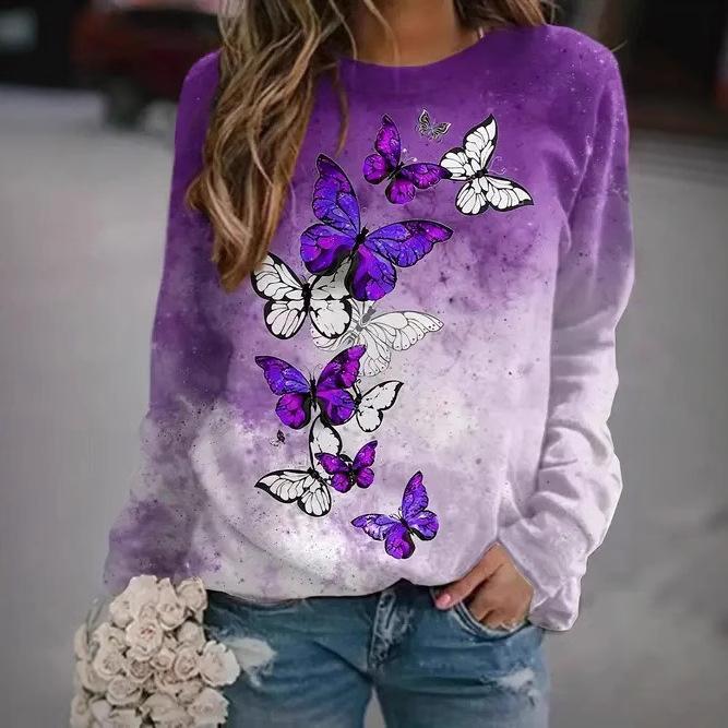 Spring and Autumn Round Neck Flower Butterfly Pattern 3D Printed Top Fashionable Casual Long Sleeved Women's T-shirts