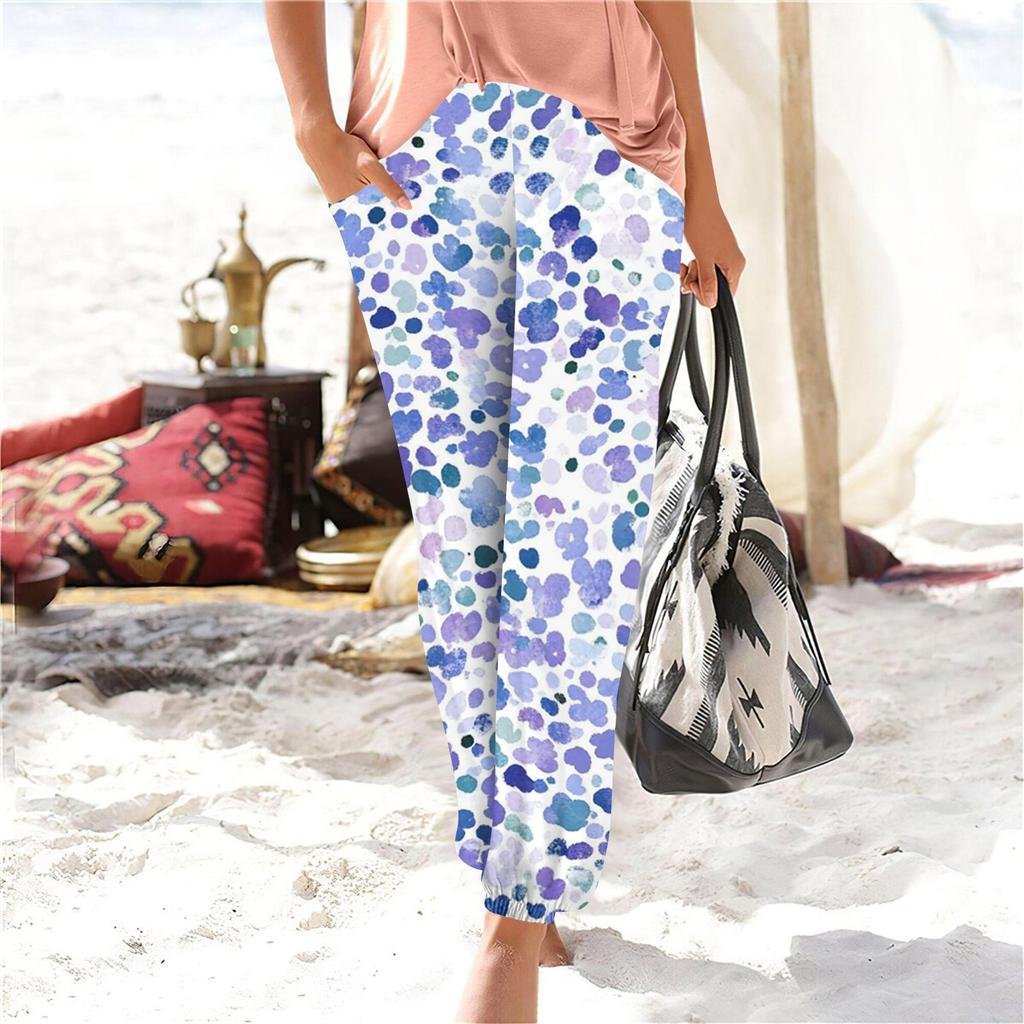Damen-Sommer-Druck, elastische Taille, lockere, lässige Hose mit weitem Bein