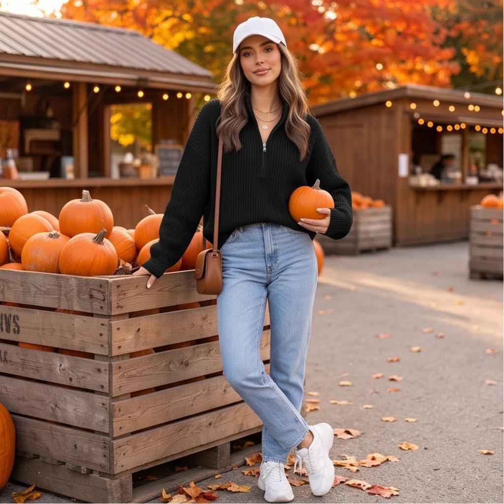 Women's Oversized Knit Pullover Sweater with Zipper, Versatile Casual Top for Fall and Winter