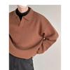 Men's Solid Color V-Neck Polo Sweater - Thick Knit, Long Sleeve, Spring/Autumn Top