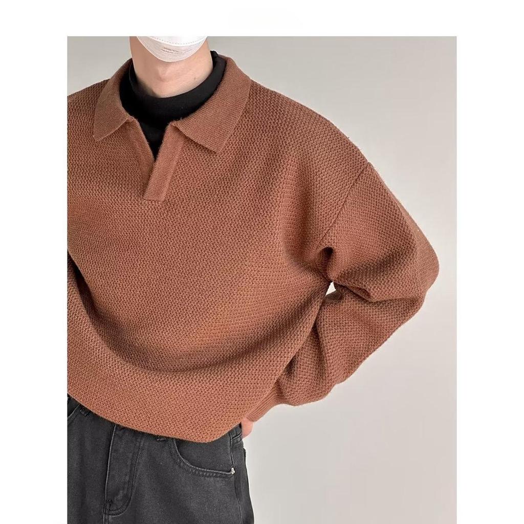 Men's Solid Color V-Neck Polo Sweater - Thick Knit, Long Sleeve, Spring/Autumn Top
