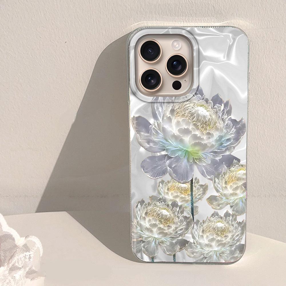 White Peony Lotus Print Women Girls Water Texture Phone Case for Iphone 16 15 14 7 8 Plus 13 11 12 Pro Max X XS XR SE 2022 Cover