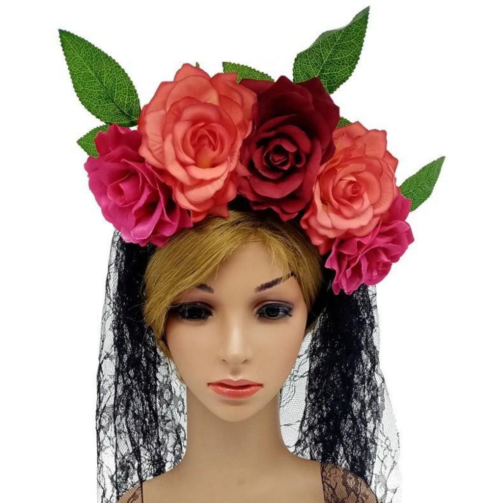Halloween Headband Wreath Simulated Rose Flower Headband Lace Veil Bridal Party Headband Headband
