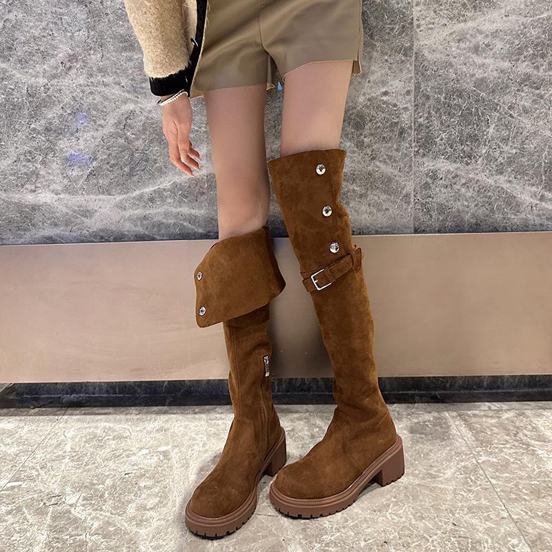 Herbst- und Winter-Neuheiten Overknee-Stiefel für Damen tragen Westernstiefel mit dicker Sohle, kleine hochhackige Samt-Lammwoll-Ritterstiefel