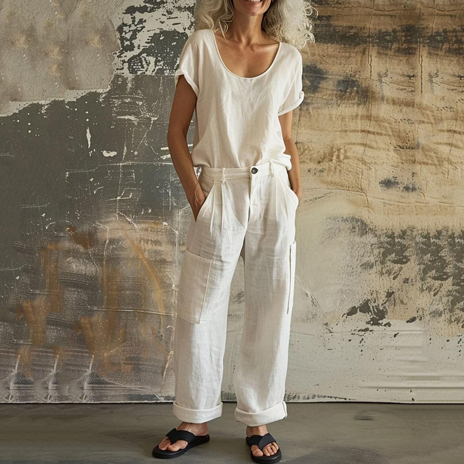 

2 Piece Pants Sets For Women Cotton Linen Beach Travel Vacation Loose Outfits XL білий