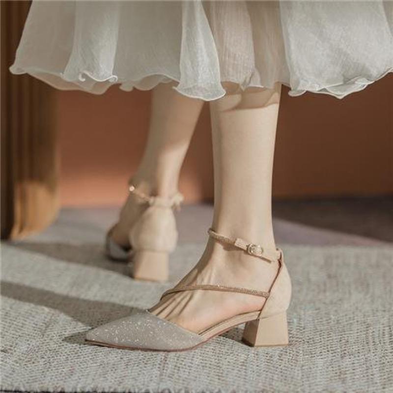 Coarse heel high heels women's new spring and autumn versatile pointed one-word buckle with rhinestones with skirt medium heel single shoes