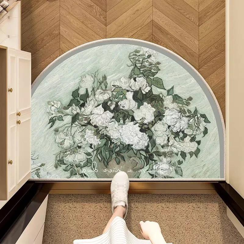 

1pc Oil Painting Style Half-Circle Door Mat - Non-Slip Rubber Backing, Machine Washable Polyester Fiber Mat,Indoor/Outdoor Use 40x60cm