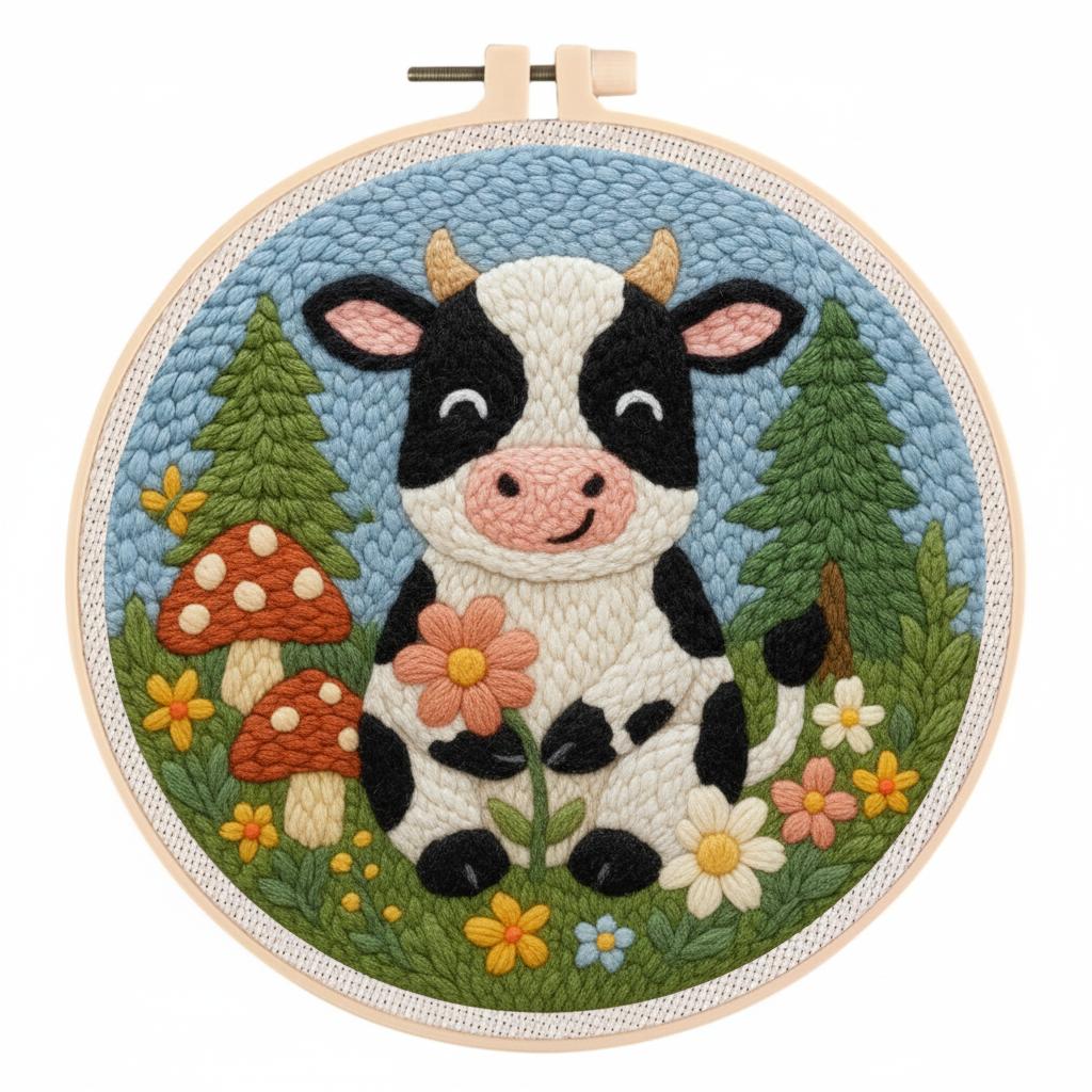 DIY Punch Needle Kits for Beginners Cute Cartoon Cow with Daisy Flower with Hoop Punch Needle Starter Craft Embroidery Set