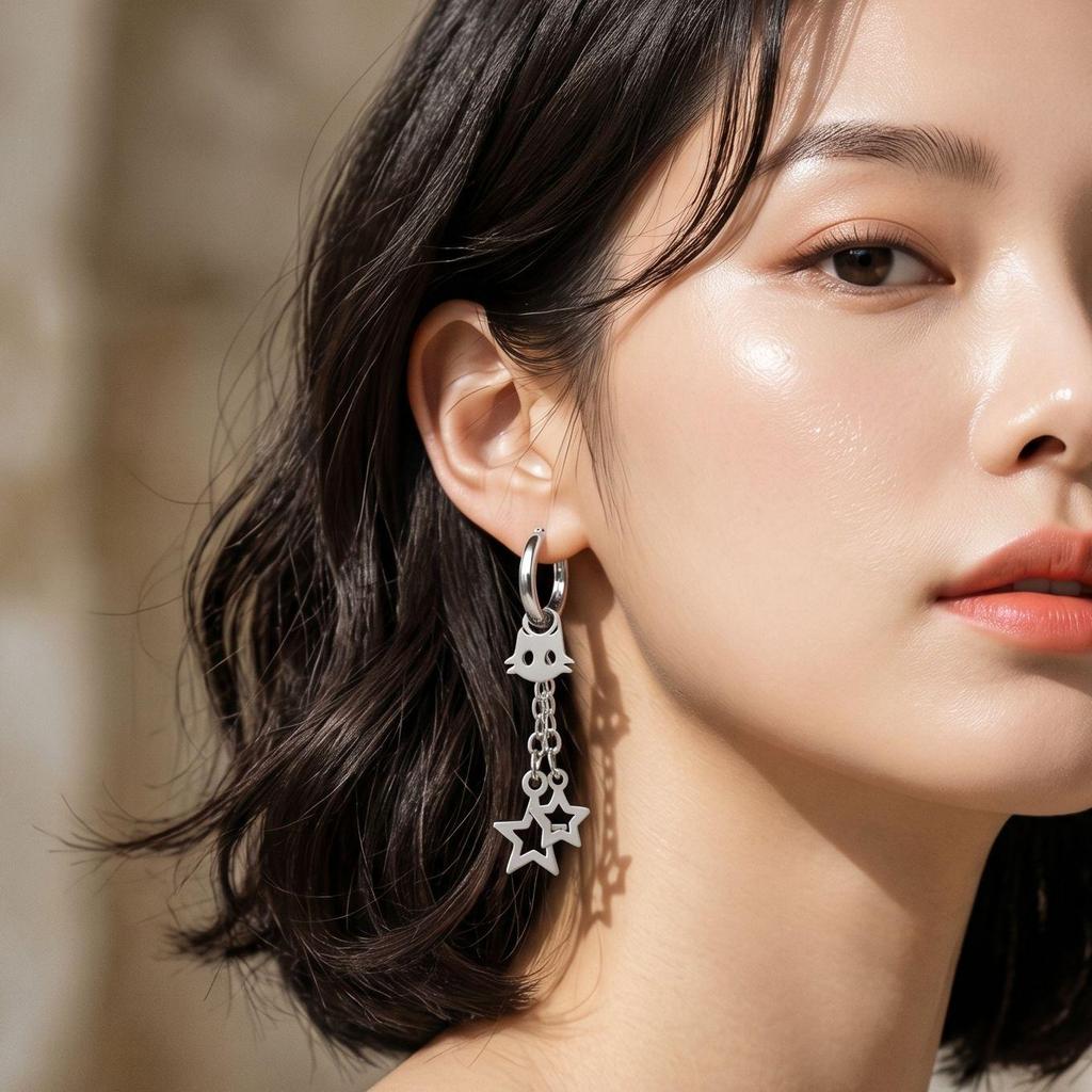 Elegant Korean Style Versatile Stud Earrings with Cute Cat and Star Tassels for Women