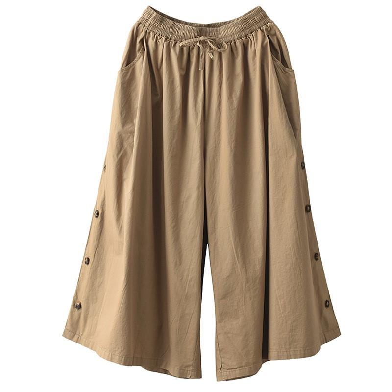 Johnature Women Vintage Loose Spring Wide Leg Pants Elastic Waist Cotton Belt Pockets Trouser Casual Pants