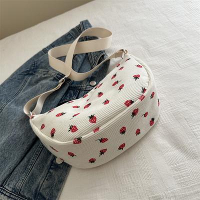 Striped Velvet Bag Women's 2025 Oblique Span New Casual Fashion Single Shoulder Fresh and Sweet Personalized Strawberry Printed Dumpling Bag