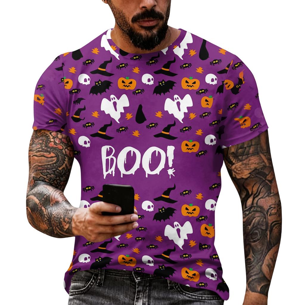 Men Short Sleeve Halloween Print T Shirt Crew Neck Pumpkin Bat Web Pattern Relaxed Fit Casual Top