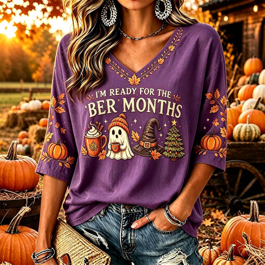 Women's Casual Thanksgiving Print V-Neck Pullover Top