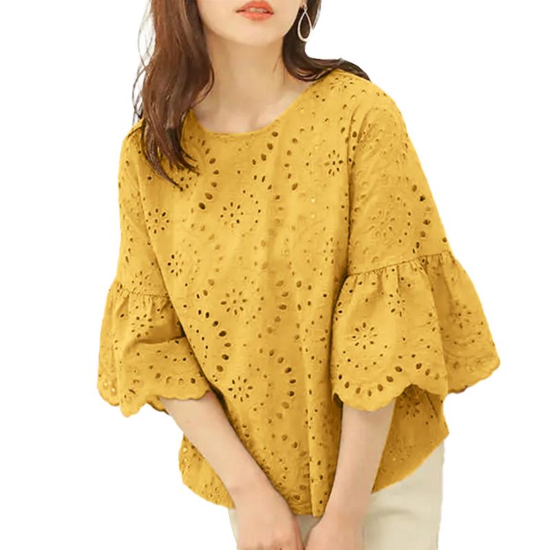 

ZANZEA Женская повседневная кружевная блузка крючком с круглым вырезом и рукавами 3/4 4XL