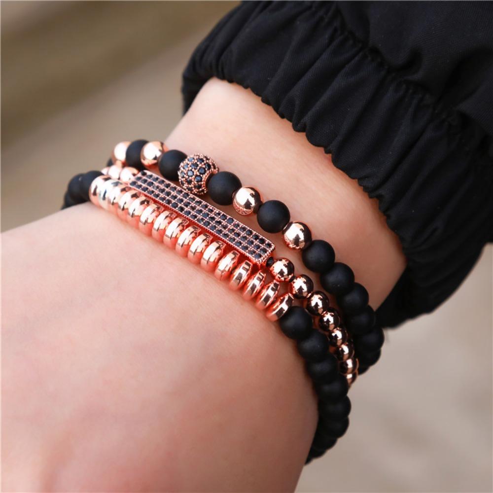 Black Matte Copper Inlaid Zirconium Diamond Ball Flying Saucer Long Bracelet Bracelet Set Wholesale Men's Woven Bracelet