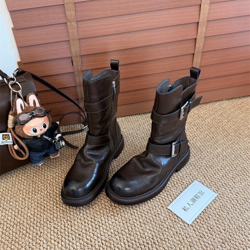 

The lady boss recommends! Colored washed leather tooling short boots 2025 autumn and winter belt buckle thin boots locomotive Martin boots 40 коричневый