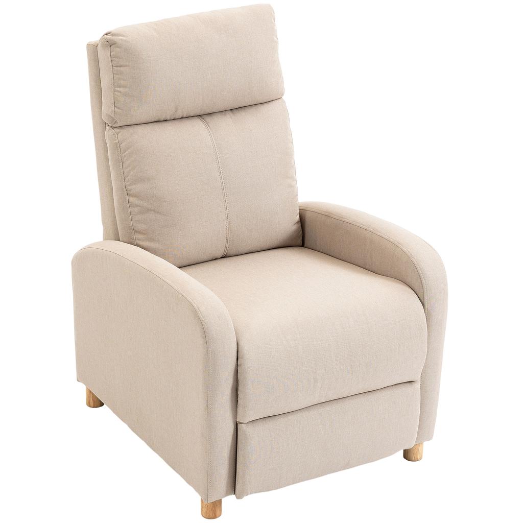 Manual Recliner Chair Up To 135 Degrees Linen Upholstery Pocket Spring Footrest High Backrest And Wooden Legs Beige