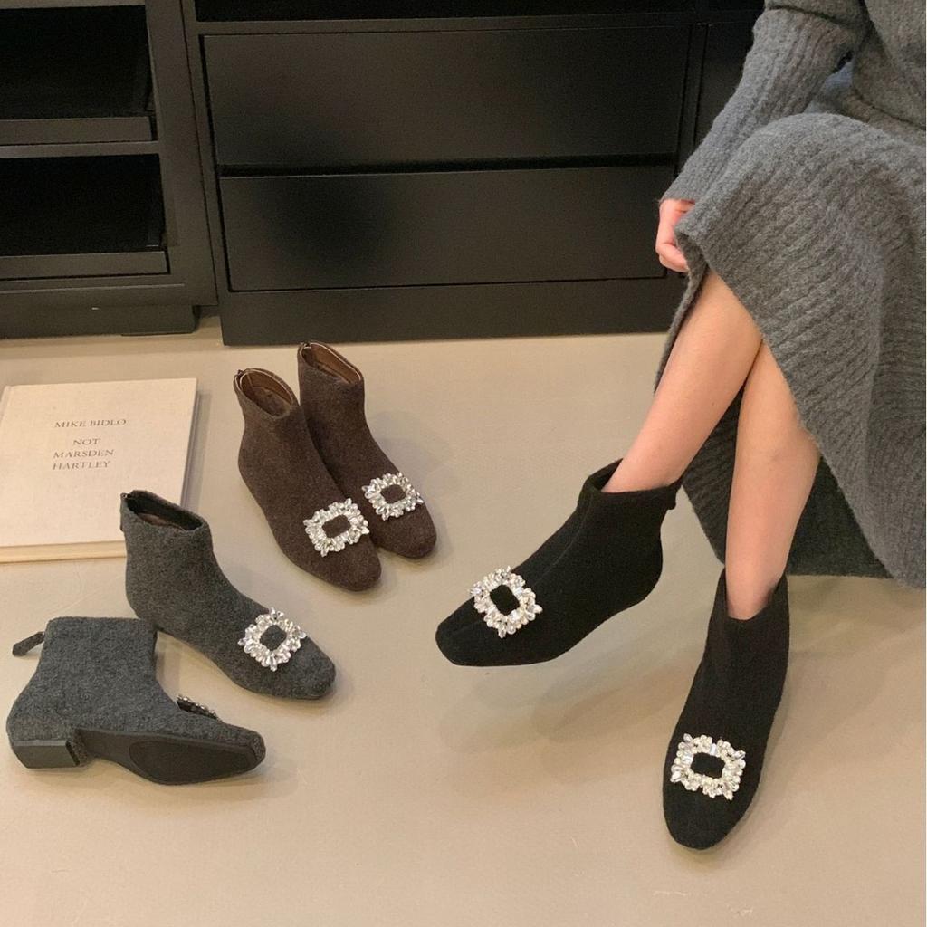 2025 Herbst neue kleine runde Zehe dicker Absatz mattierte Strassschnalle Haarreißverschluss niedriger Schaft Martin Mode Damen Kurzstiefel