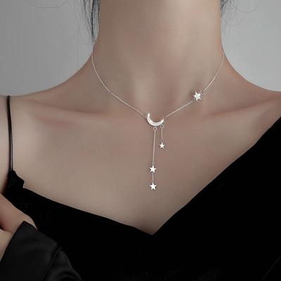 Tone Sterling Star Moon Necklaces Clavicle Chain Woman Bridal Wedding Occasion Jewelry Gathering Gathering Women Birthday Present Gift Idea