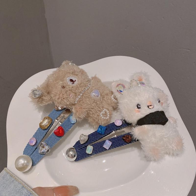 Plush Rabbit/Bear Shape Hair Clip Spring Summer Headwear for Woman Girls Bangs Taking Photo Shopping Travel Anti-Slip