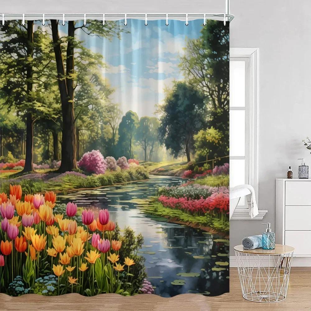 Colorful Flowers Green Plants Shower Curtain Trees Spring Landscape River Tulip Bathroom Curtain Polyester Bathroom Decoration
