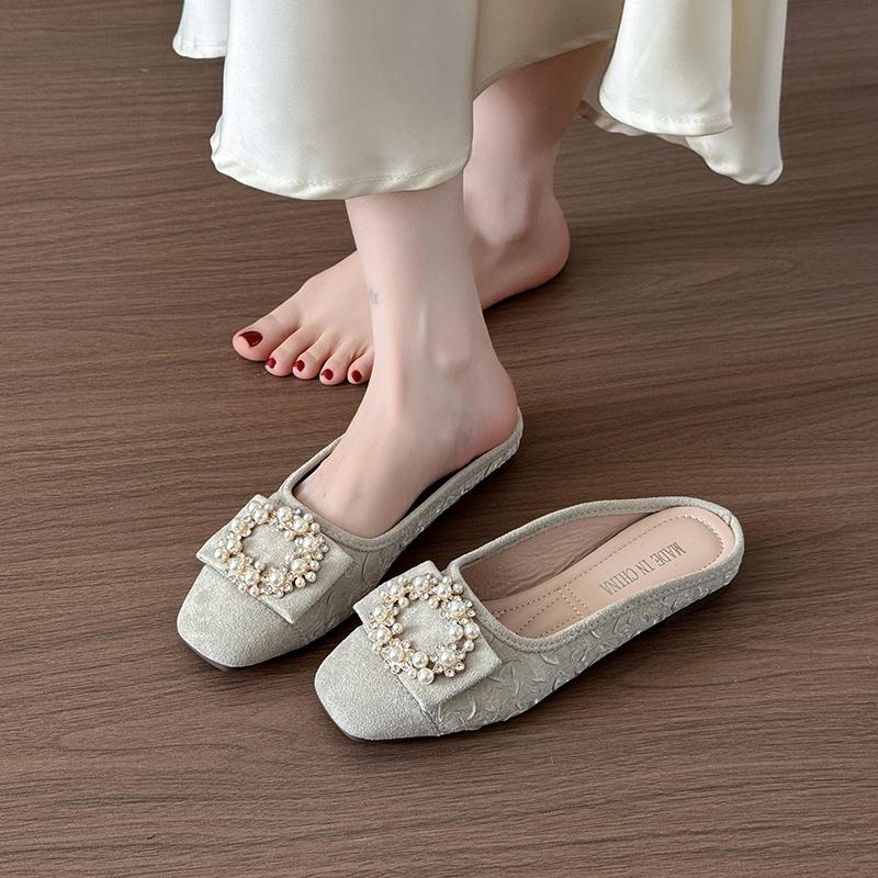 Fashion 2025 Spring/Summer New Fashion Rhinestone Button Flat Bottom Shoes Satin Shallow Mouth Head Casual Women's Shoes