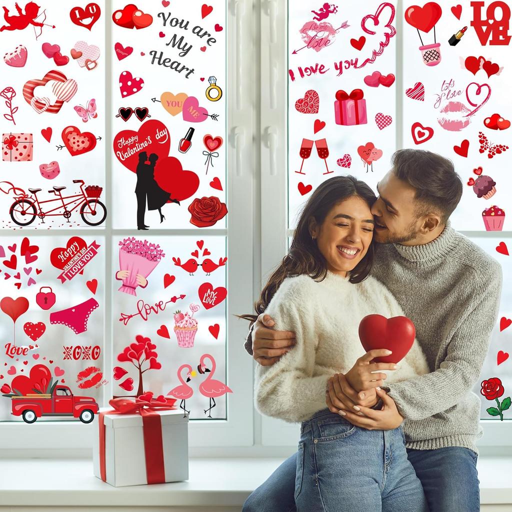 Valentines Day Decor Window clings 10 Sheet for Glass Windows Double-Sided Valentines Day Decorations Heart Window Decal